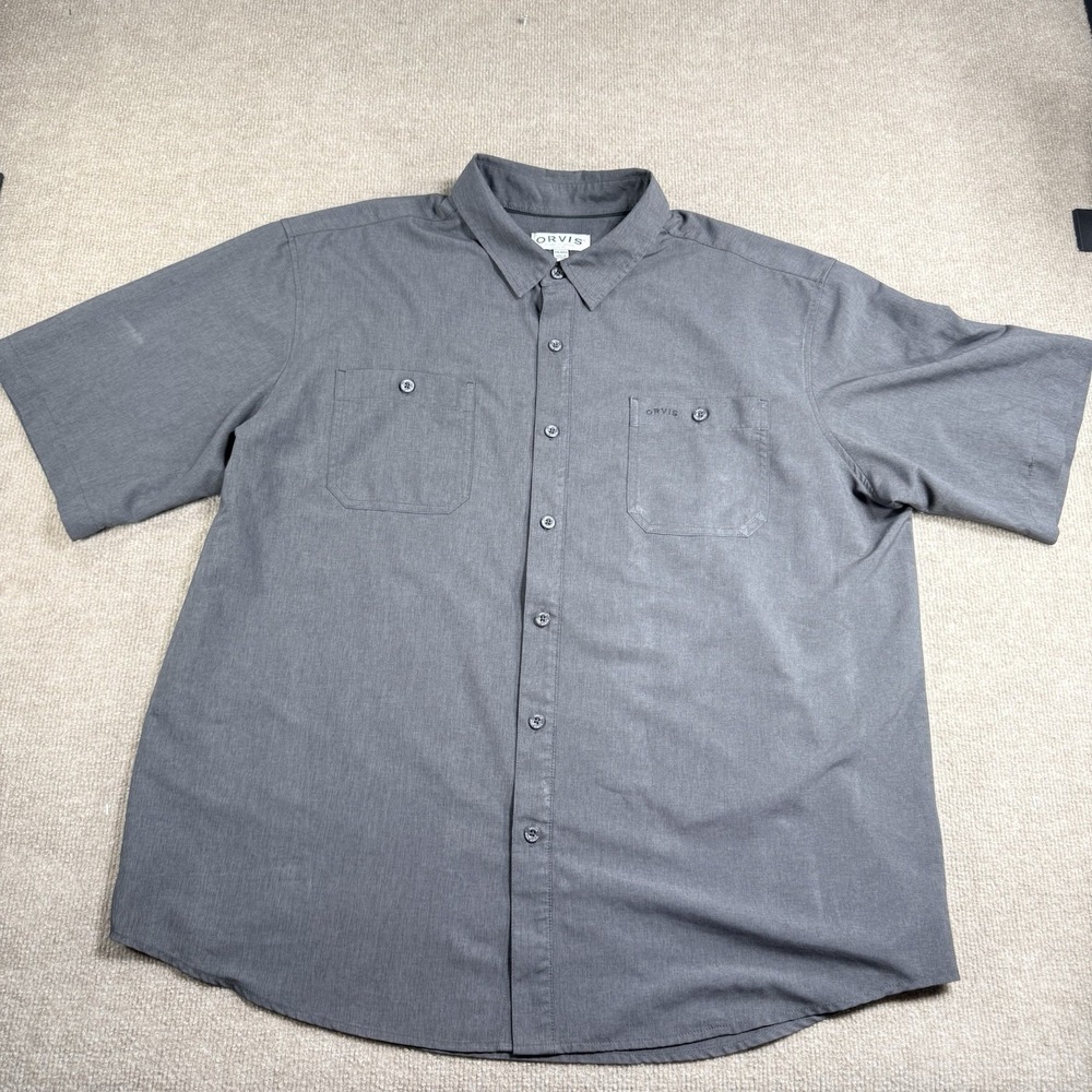 Orvis Short Sleeve Mens‎ Button Shirt XXL Classic Collection Polyester Gray 2XL